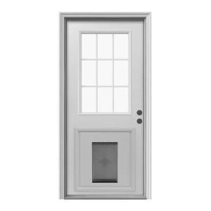 JELD WEN 9 Lite Primed White Steel Entry Door with Medium Pet Door and Brickmold THDJW203900013