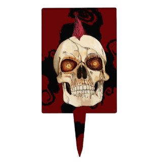 Punk Rock Gothic Skull with Red Mohawk Cake Toppers