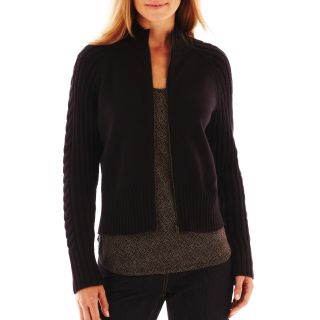 LIZ CLAIBORNE Cable Sleeve Zip Front Cardigan Sweater   Talls, Black, Womens