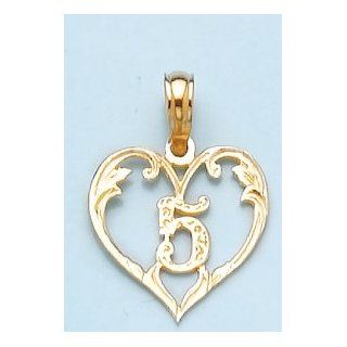 14k Gold Birthday Milestone Necklace Charm Pendant, Number Five 5 Inside Heart C Jewelry