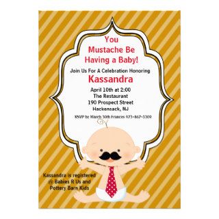Gold Striped Mustache Baby Shower Invitation