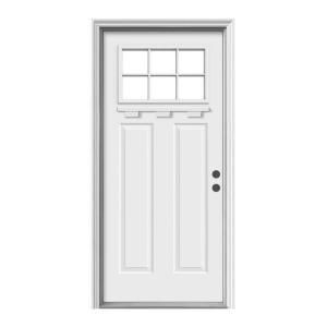 JELD WEN Premium 6 Lite Craftsman Primed White Steel Entry Door with Brickmold and Shelf N11445