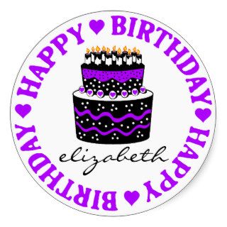 Purple Hearts Birthday Cake Round Stickers