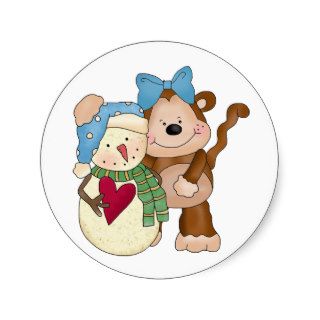 Snowman and Monkey Round Sticker