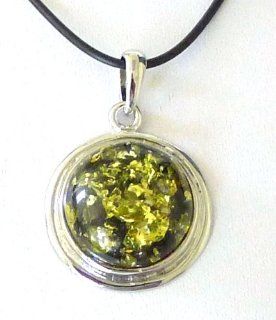 Fashion Amber Pendant Necklace  Fashion Amber Pendant  Over 1 Inch Dia. Round Olive Green Amber in Silver Plated Bezel Setting Jewelry