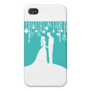 Aqua & White Bride and Groom Wedding Silhouettes Covers For iPhone 4