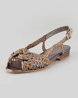Womens Glam Woven Peep Toe Posted Slingback Sandal, Bronze/Pewter   Sesto