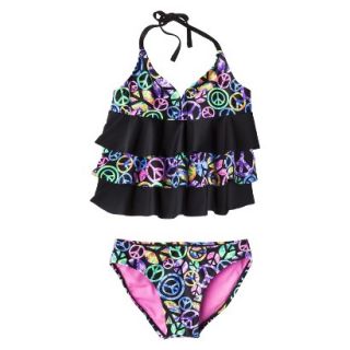 Girls 2 Piece Ruffled Peace Sign Tankini Swimsuit Set   Multi S