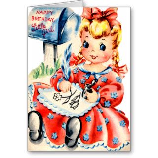 Little Girl Sewing   Retro Happy Birthday Card