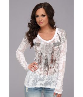 Rock and Roll Cowgirl L/S Sparkle Steer Tee Womens Long Sleeve Pullover (White)