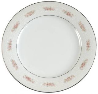 Noritake Glenaire Salad Plate, Fine China Dinnerware   White Filigree, Pink Flow