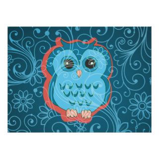 Cute Aqua Teal Owl, Retro Floral Background Poster