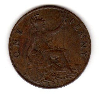Great Britain (UK) George V One Penny Bronze Coin Dated 1917. 