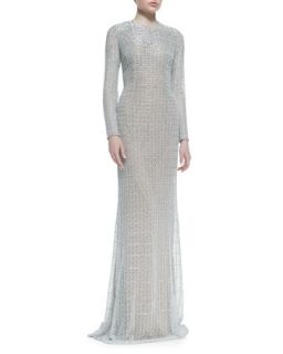 Long Sleeve Sequined Gown, Silver   Carmen Marc Valvo