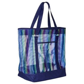 Striped Mesh Beach Tote Handbag   Blue