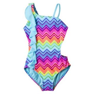Girls 1 Piece Ruffled Chevron Swimsuit   Rainbow S
