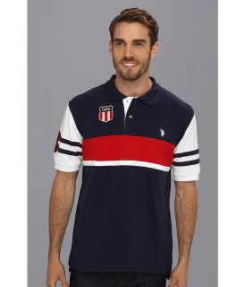 U.S. Polo Assn Color Block Polo with Small Pony Mens Short Sleeve Pullover (Navy)