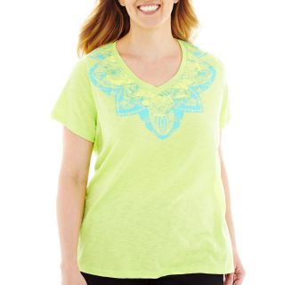 Made For Life Short Sleeve Distressed Graphic V Neck Tee   Plus, Green, Womens
