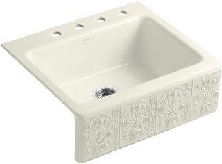 Kohler K 14571 SV 96 Savanyo Design on Alcott Tile In Kitchen Sink with Four Hole Faucet Drilling, Biscuit   Single Bowl Sinks  