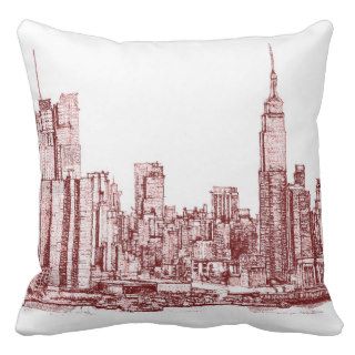New York skyline red drawing Throw Pillows