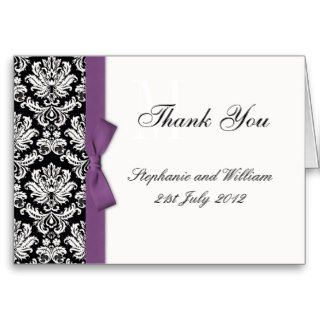 Purple Bow Damask Wedding Thank You Cards