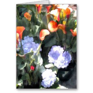 Orange Calla Lilies and Blue Hydrangea Greeting Card