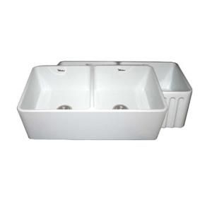 Whitehaus Reversible Apron Front Fireclay 33x18x10 0 Hole Double Bowl Kitchen Sink in White WHFLPLN3318 WH