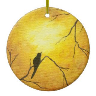 Joyous Bird Art on Branch Golden Sunshine Painting Christmas Tree Ornament