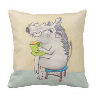 Cartoon warthog drinking a cup of tea. pillow