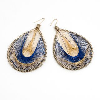 Silk Thread Earrings (Blue/Golden Tan) (India) Earrings