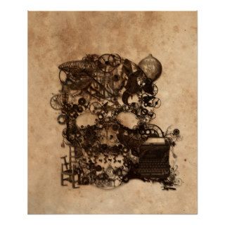 Vintage Steampunk Skull Brown Metal Gears Texture Poster