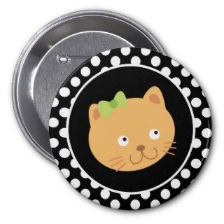 Kitten on Black and White Polka Dots Pinback Button