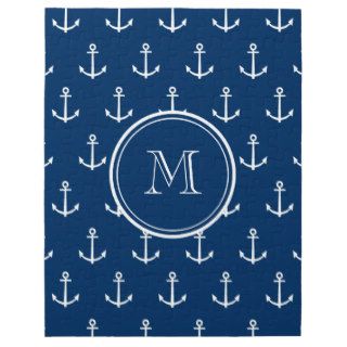 Navy Blue White Anchors Pattern, Your Monogram Jigsaw Puzzle