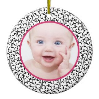 Chic Damask Pink Baby's First Christmas Ornament