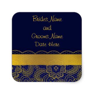 Navy Blue and Gold Lace Wedding Square Stickers
