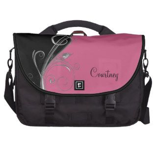 Pink and Black Ornate Silver Swirls Laptop Bag