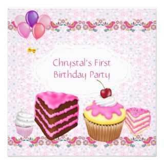 First 1st Birthday Party Girls Pink Sweets Cupcake Personalized Invitation