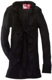 Derek Heart Girl 7 16 Long Sleeve V Neck Front Tie Ruffle Cardigan with Accents, True Black/True Black Lurex, Large Clothing