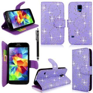Cellularvilla Wallet Case for Samsung Galaxy S5 Purple Glitter Pu Leather Wallet Card Flip Open Pocket Case Cover Pouch + Stylus Touch Pen Cell Phones & Accessories