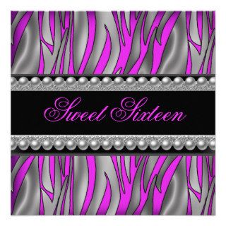 Sweet Sixteen 16 Zebra Pink Black Silver Pearl Custom Invitations
