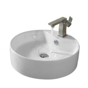 KRAUS Round Ceramic Sink in White with Sonus Basin Faucet in Brushed Nickel C KCV 142 14601BN