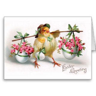 Easter Chick and Flowers Greeting Card