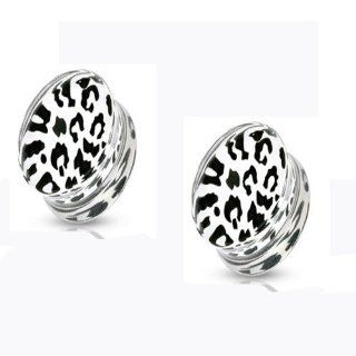 Pair of 7/8 Inch 22mm White Leopard Skin Print Acrylic Saddle Plug E492 Body Piercing Tunnels Jewelry