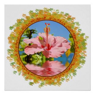 Pink hibiscus flower above the water in frame of l posters