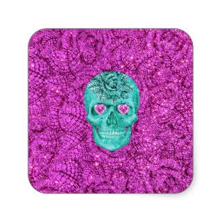 Girly Sugar Skull Pink Heart Glitter Purple Flower Sticker