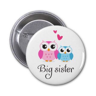 Cute owls big sister little brother cartoon pinback buttons