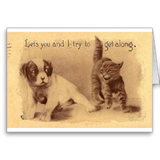 Vintage Cat And Dog Try To Get Along Card