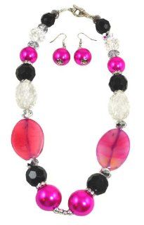 18 " Pink Jasper with Black & Clear Crystal, Pink Acrylic Beaded Fashion Necklace + Earring Set Jewelry