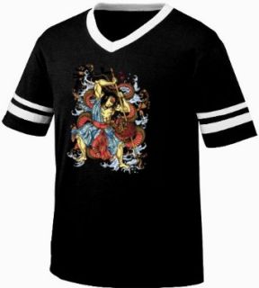 Warrior Battling Dragon Mens Ringer Tattoo T shirt, Old School Samurai Tattoo Mens V Neck Shirt Novelty T Shirts Clothing