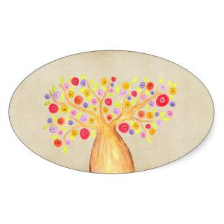 Watercolor Colorful Flower Tree Painting Oval Sticker